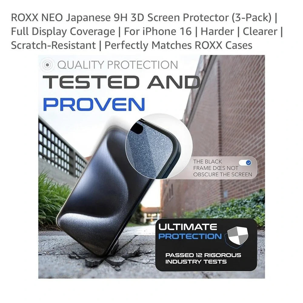 ROXX Neo‎ iPhone 16 Screen Protector 3 Pack. 3D Screen Protector.